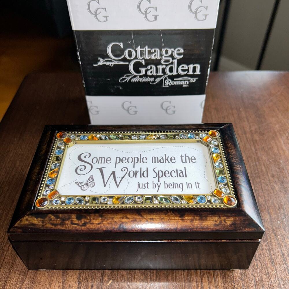New wood Cottage Garden music box jeweled lid plays “you light up my life”